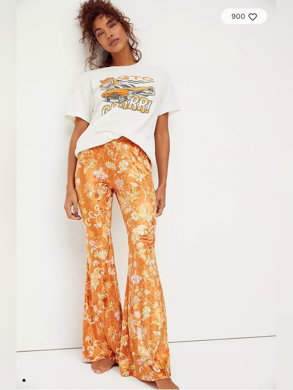 Free People Daytripper Velvet Flare Pants, Orange Paisley Retro Floral Print XS